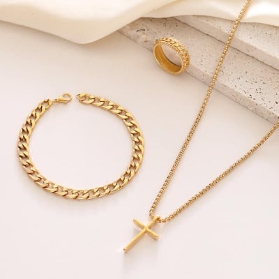 Picture of 3pcs/set Men's Fashion Alloy Cross Pendant Necklace + Bracelet + Ring Set  for Men