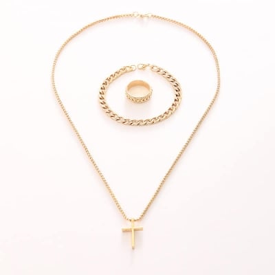 Picture of 3pcs/set Men's Fashion Alloy Cross Pendant Necklace + Bracelet + Ring Set  for Men