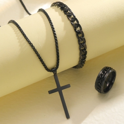 Picture of Style 3-Piece Fashion Jewelry Set  Stainless Steel, Simple Golden Necklace Combo for Men Casual Accessories