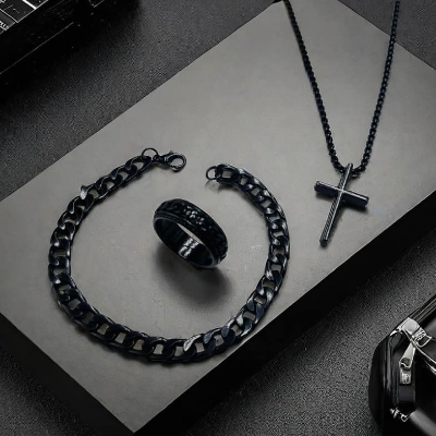 Picture of Fashionable Pendant Necklace, Bracelet & Ring Set for Everyday Chic Style-Combo Set  for Men