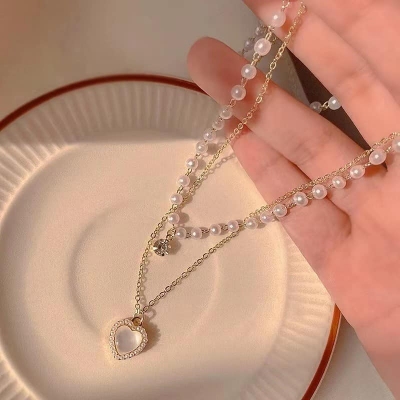 Picture of Layered Pearl Necklaces for Women Pearl Choker Necklace for Teen Girls Layering Necklaces Double Layer Necklace Pearl Pendant Necklace for Girls, Small