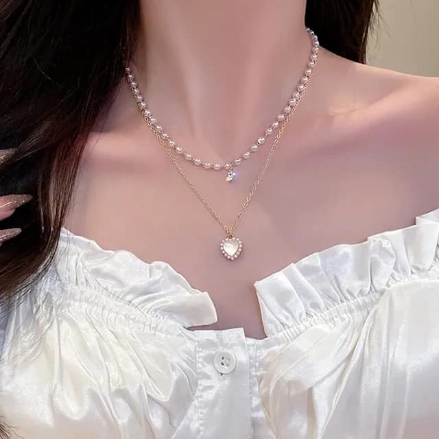 Picture of Layered Pearl Necklaces for Women Pearl Choker Necklace for Teen Girls Layering Necklaces Double Layer Necklace Pearl Pendant Necklace for Girls, Small
