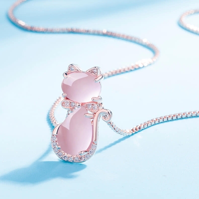 Picture of New Rose Gold Natural Stone Cat Necklace Girls Jewelry Necklace for Women