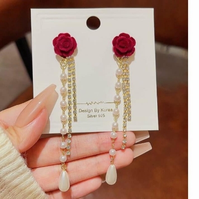 Picture of Red Flower Simulated-pearl Long Tassel Dangle Earrings for Women