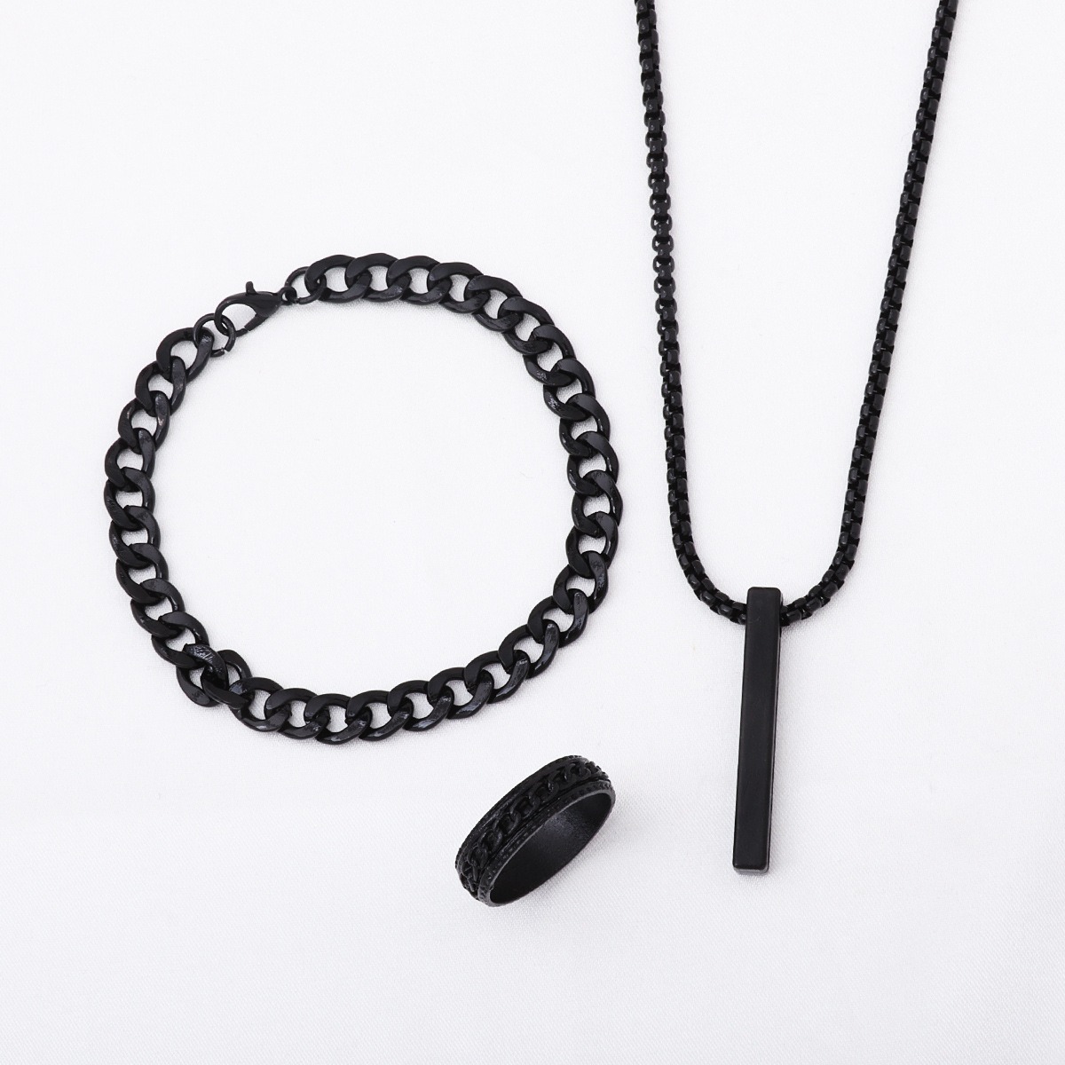 Picture of Golden Men's Sleek Stainless Steel Geometric Pendant Necklace -Necklace Bracelet & Ring Set for Men