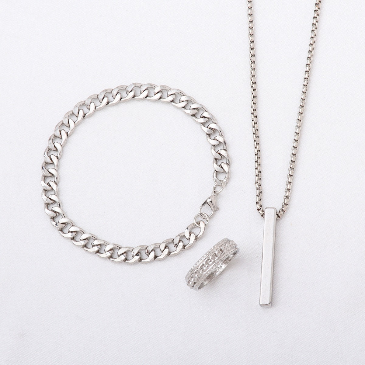 Picture of Golden Men's Sleek Stainless Steel Geometric Pendant Necklace -Necklace Bracelet & Ring Set for Men