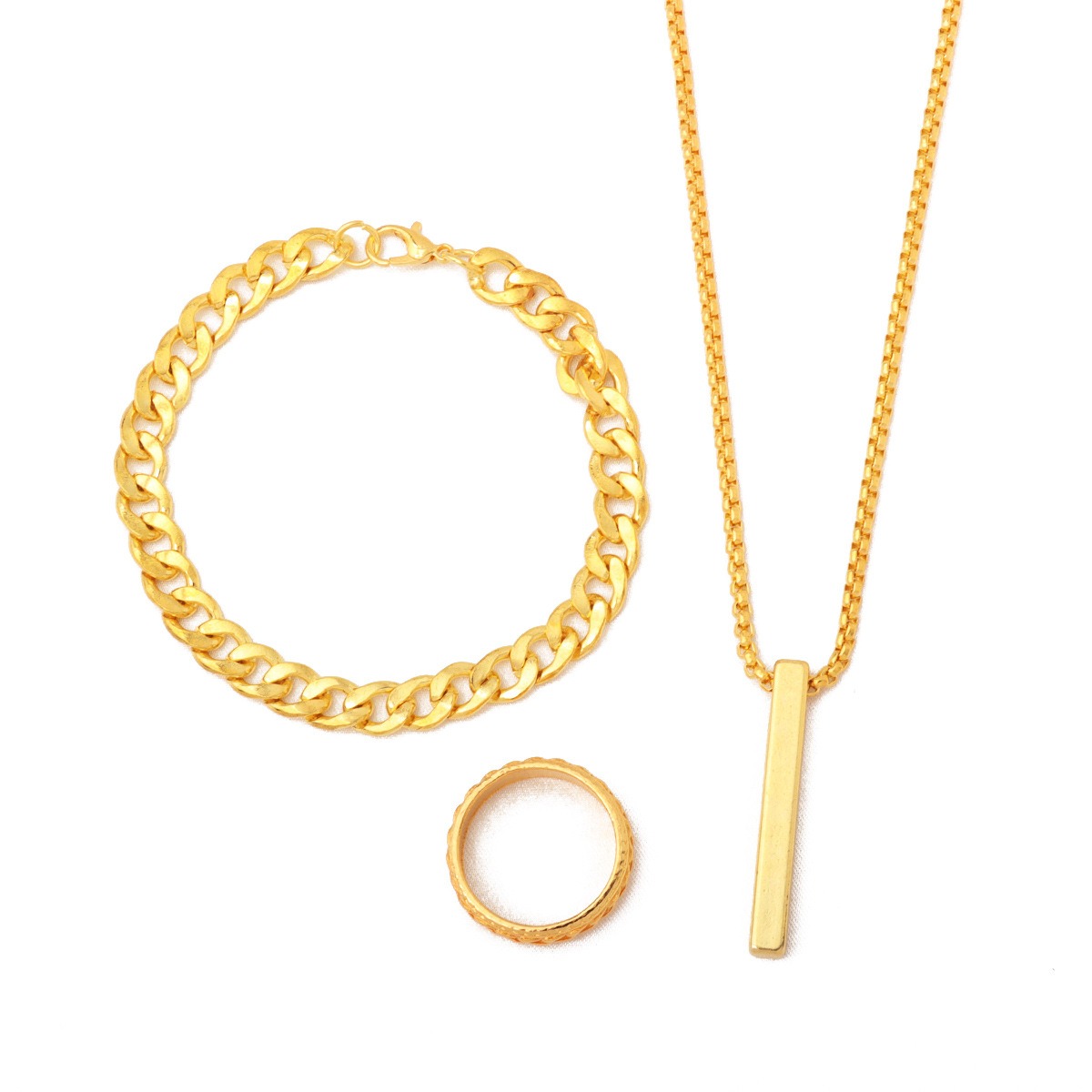 Picture of Golden Men's Sleek Stainless Steel Geometric Pendant Necklace -Necklace Bracelet & Ring Set for Men
