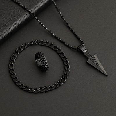 Picture of Stylish Bar Pendant Set, Necklaces Finger Ring Set for Men 3pcs Set