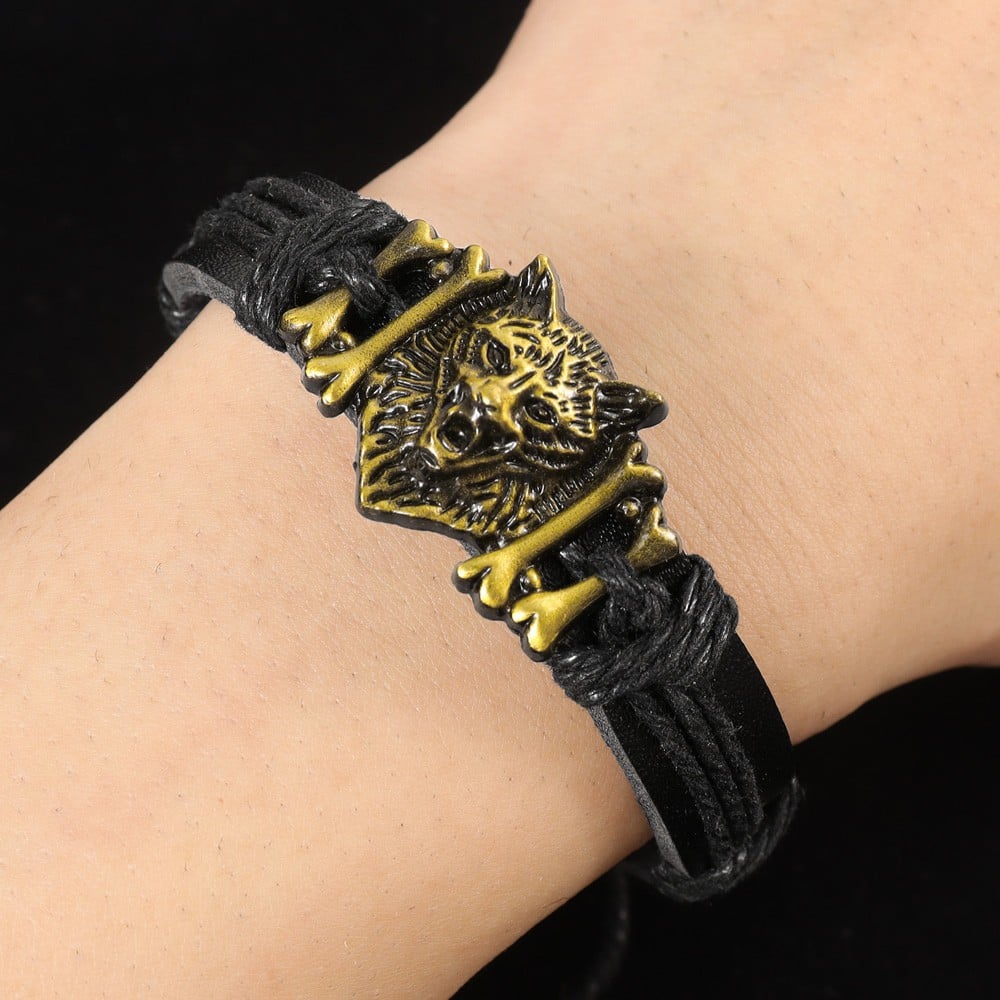 Picture of Hip Hop Rock Band Bracelet Steampunk Band Symbol Adjustable Wolf Head Charm Leather Bracelets Men Women Collection