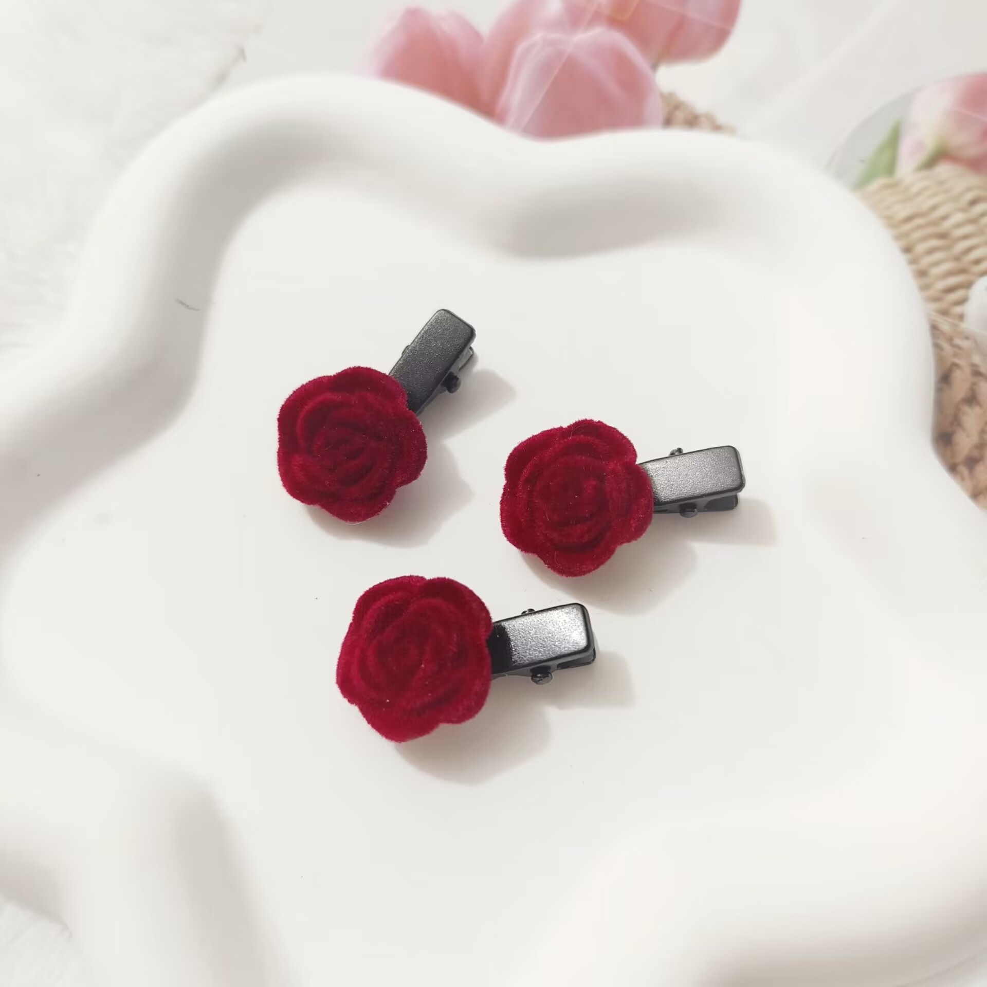 Picture of Ladies' Velvet Rose Hair Clip, Cute Internet Celebrity Hairpin For Bangs & Hair Accessories, Lovely Velvet Bowknot Barrette, Small But Cute,