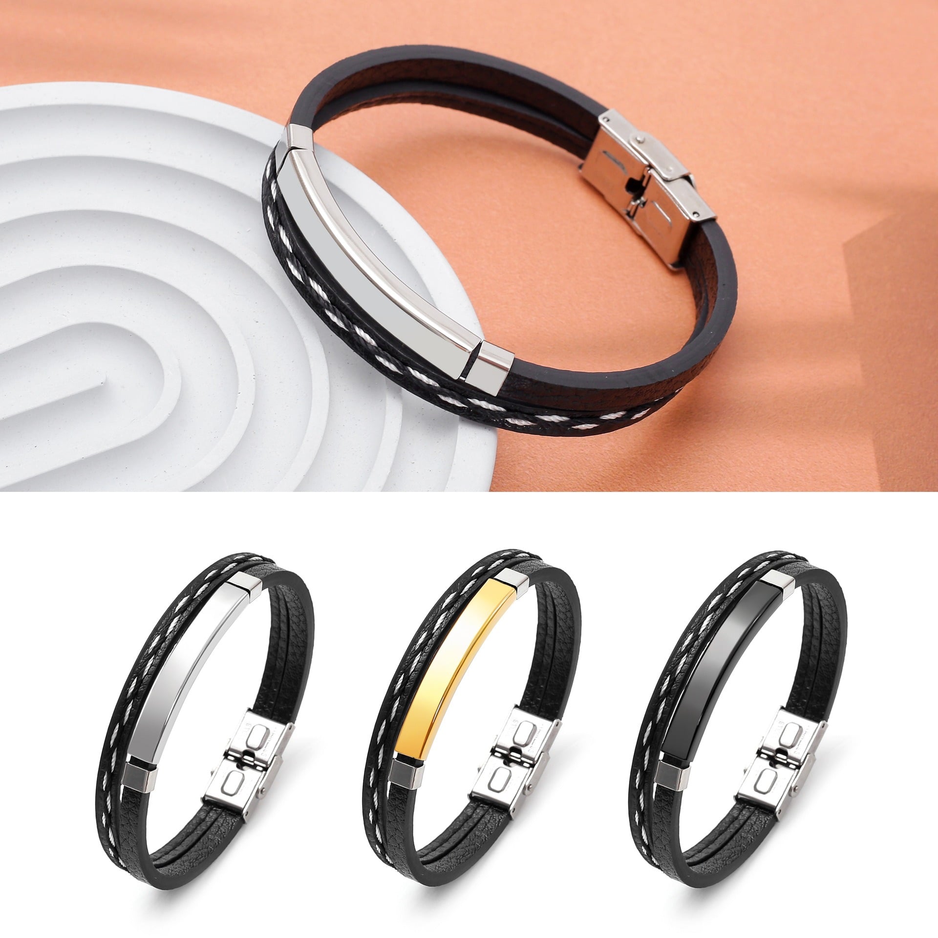 Picture of Unique Design Braided Leather Bracelet with Metal Insert