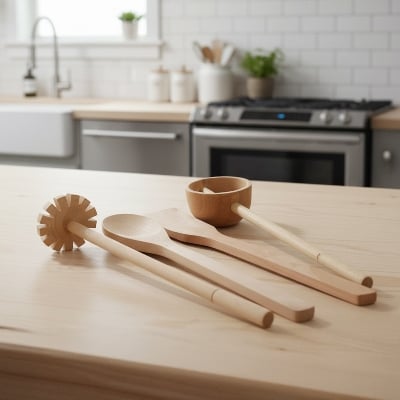Picture of 4 tool of kichen combo pack-wooden dal ghutni, orang,stick and spoon