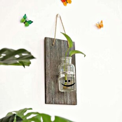 Picture of Emoji Glass Jar Floating Vase/Wooden Hanging Glass Jar Flower Vase - Flower Vase - Flower Vase - room decoration items (Dark Chocolate, Wood)