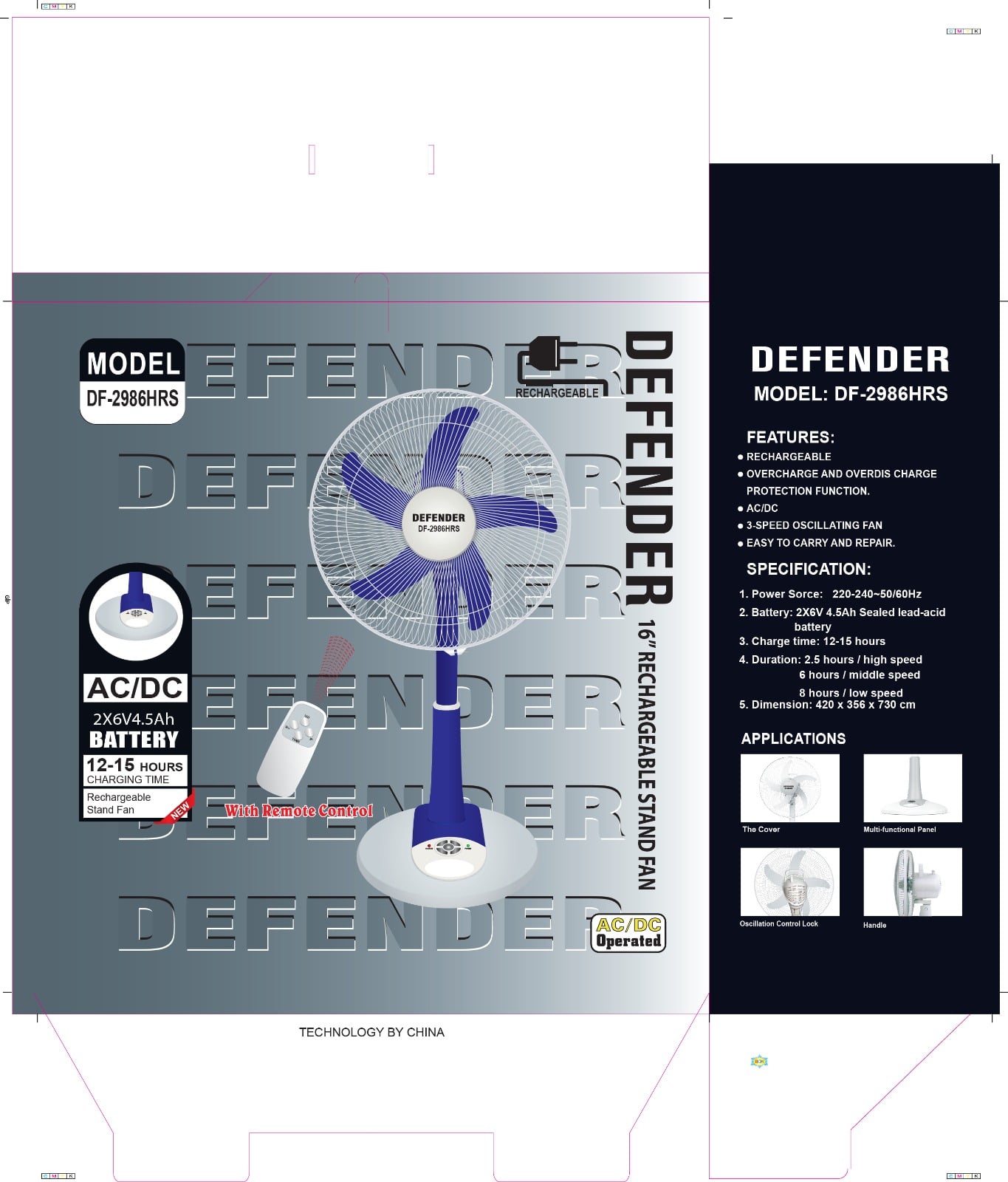 Picture of (TS-2986): Defender 16" Rechargeable AC_DC Fan with LED Multi-Function:Blue
