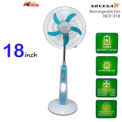 Picture of Novena 18-inch Rechargeable Tower Fan (NCF-318) with 5-speed settings, 28 LED lamp, adjustable height, oscillating design, timer function, and long-lasting battery for up to 33 hours of cooling comfort, White