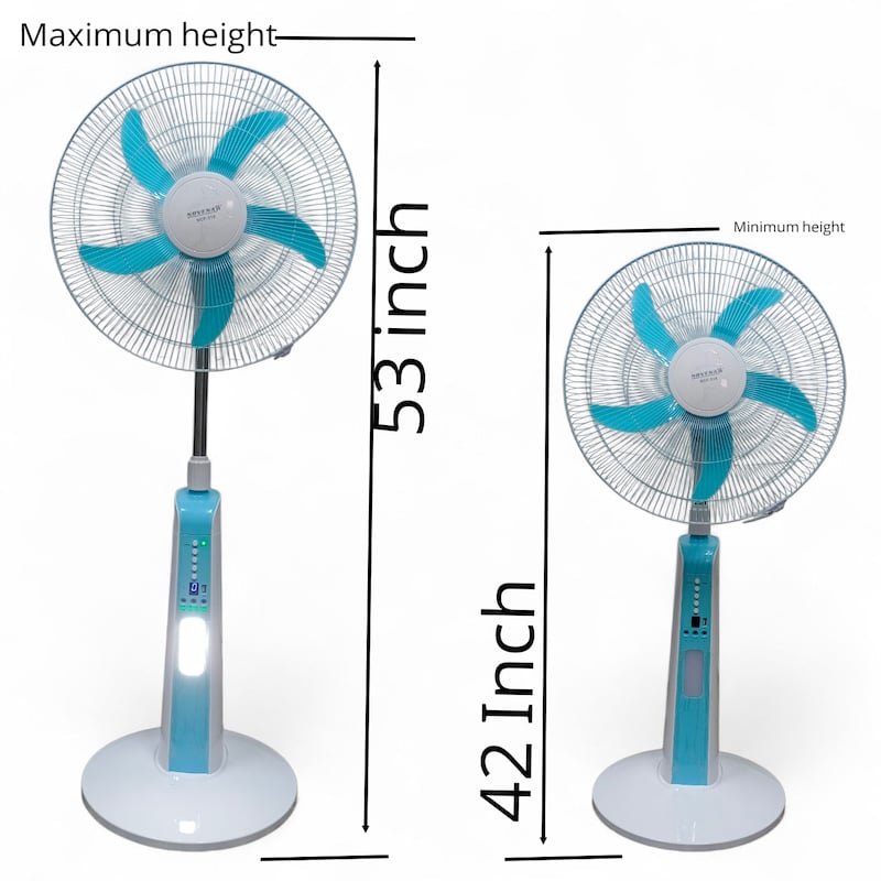 Picture of Novena 18-inch Rechargeable Tower Fan (NCF-318) with 5-speed settings, 28 LED lamp, adjustable height, oscillating design, timer function, and long-lasting battery for up to 33 hours of cooling comfort, White