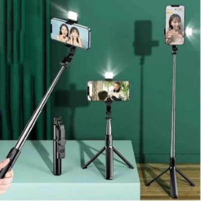 Picture of R1s Adjustable 4 in 1 Multifunctional Selfie Stick & Tripod with Selfie Light & Wireless Bluetooth Remote Control Black