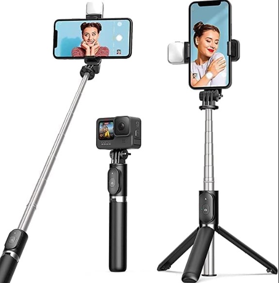 Picture of R1s Adjustable 4 in 1 Multifunctional Selfie Stick & Tripod with Selfie Light & Wireless Bluetooth Remote Control Black