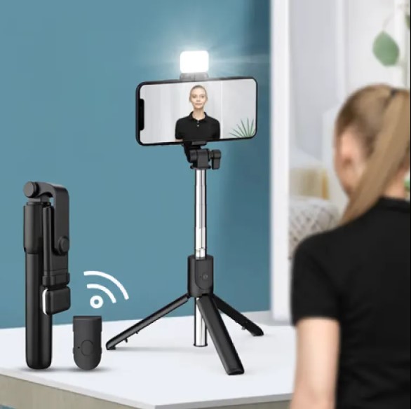 Picture of R1s Adjustable 4 in 1 Multifunctional Selfie Stick & Tripod with Selfie Light & Wireless Bluetooth Remote Control Black
