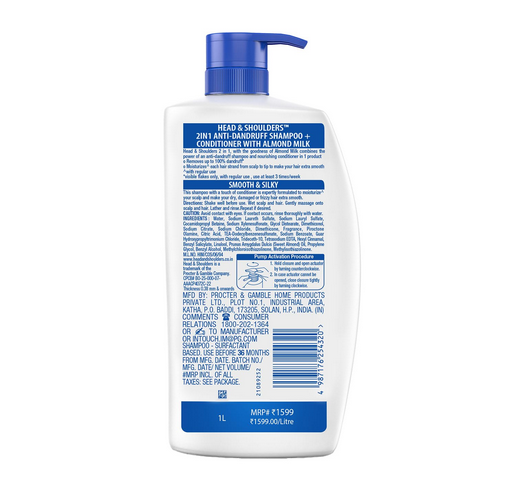 Picture of Head & Shoulders 2-in-1 Smooth and Silky Anti Dandruff Shampoo + Conditioner for Women & Men, With Almond Milk (1 L)