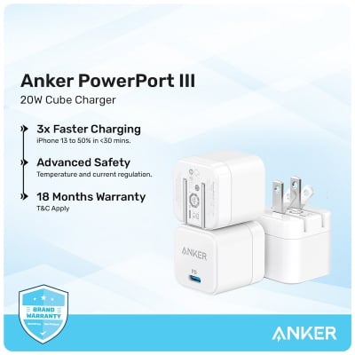 Picture of Anker PowerPort III 20W Cube Fast Charger For Iphone & Others (Cable Not Included)