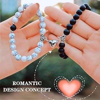 Picture of Magnetic Heart Bracelets for Couples (2 Piece) | Small Rubber Band Magnet Stone Bell Bracelet with Knotted Head Rope