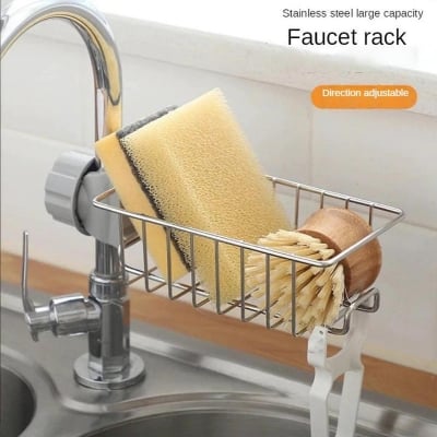 Picture of Faucet Sink Rack Rag Drain Storage Rack Household Kitchen Toilet Bathroom Organizer Punch Free Sink Storage Rack Stainless Steel Drain Rack Sponge Soap Cloth Storage Holder Shelf