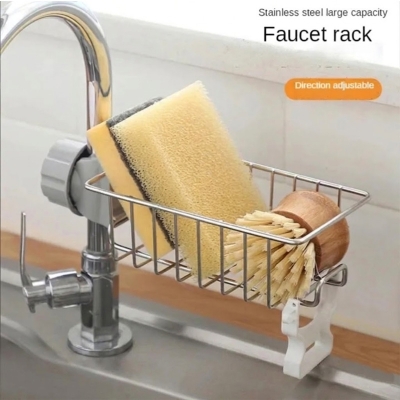 Picture of Faucet Sink Rack Rag Drain Storage Rack Household Kitchen Toilet Bathroom Organizer Punch Free Sink Storage Rack Stainless Steel Drain Rack Sponge Soap Cloth Storage Holder Shelf