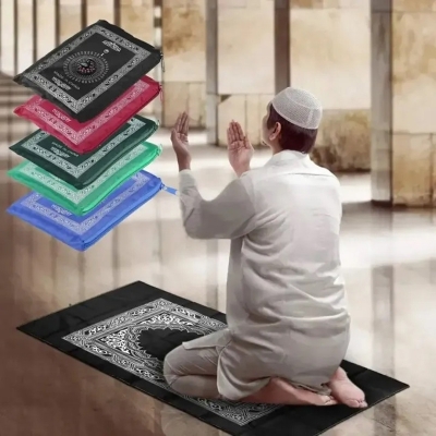 Picture of Muslim Prayer Rug Portable Large Size Braided Mats Simply Print with Compass In Pouch Travel Home New Style Pilgrimage Blanket