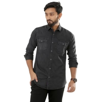 Picture of Black Fashionable Casual Denim Jeans Shirt For Men