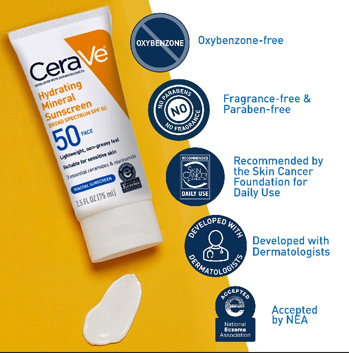 Picture of Cerave Hydrating Mineral Sunscreen SPF 50 Face for Sensitive Skin 75ml