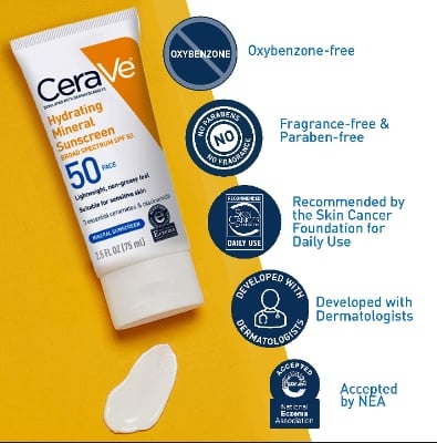 Picture of Cerave Hydrating Mineral Sunscreen SPF 50 Face for Sensitive Skin 75ml