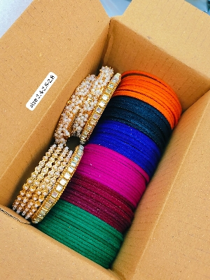 Picture of 1 Box Indian Metal Velvet Churi For Girls-(Gift Package)6 Doson Colorful Churi & Metal Churi Set Combo - Multicolor