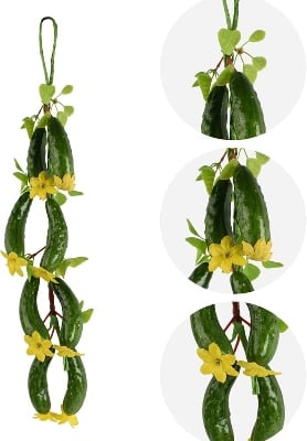 Picture of Fake Cucumber Simulation Cucumber String Artificial Vegetable Fruit String Green Cucumbers with Yellow Flowers for Home Kitchen Farm Party Wall Decoration - Green