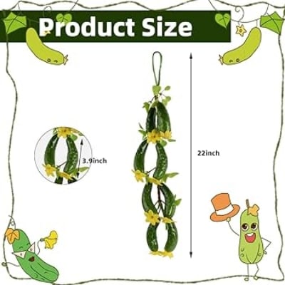 Picture of Fake Cucumber Simulation Cucumber String Artificial Vegetable Fruit String Green Cucumbers with Yellow Flowers for Home Kitchen Farm Party Wall Decoration - Green