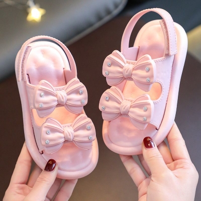 Picture of Ready Stoek kids sandal Double Bow Rhinestone sandal girl shoes soft soul Pink & Off White