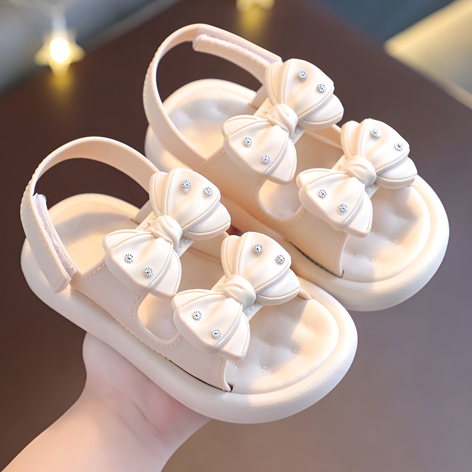 Picture of Ready Stoek kids sandal Double Bow Rhinestone sandal girl shoes soft soul Pink & Off White