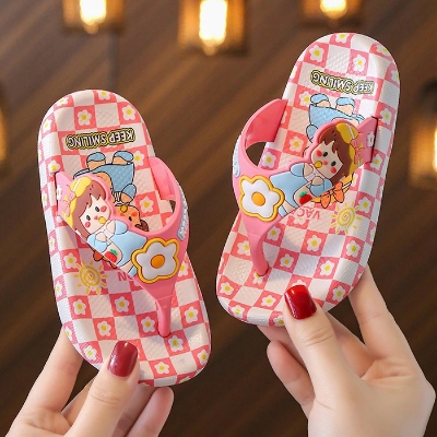 Picture of Orginal Children's Flip Flops Girls'  New Stylish Cartoon Girls' Non-Slip Soft Bottom Indoor Bathroom Baby Beach Slippers Pink- Purple & Black 
Eu 24 - 29