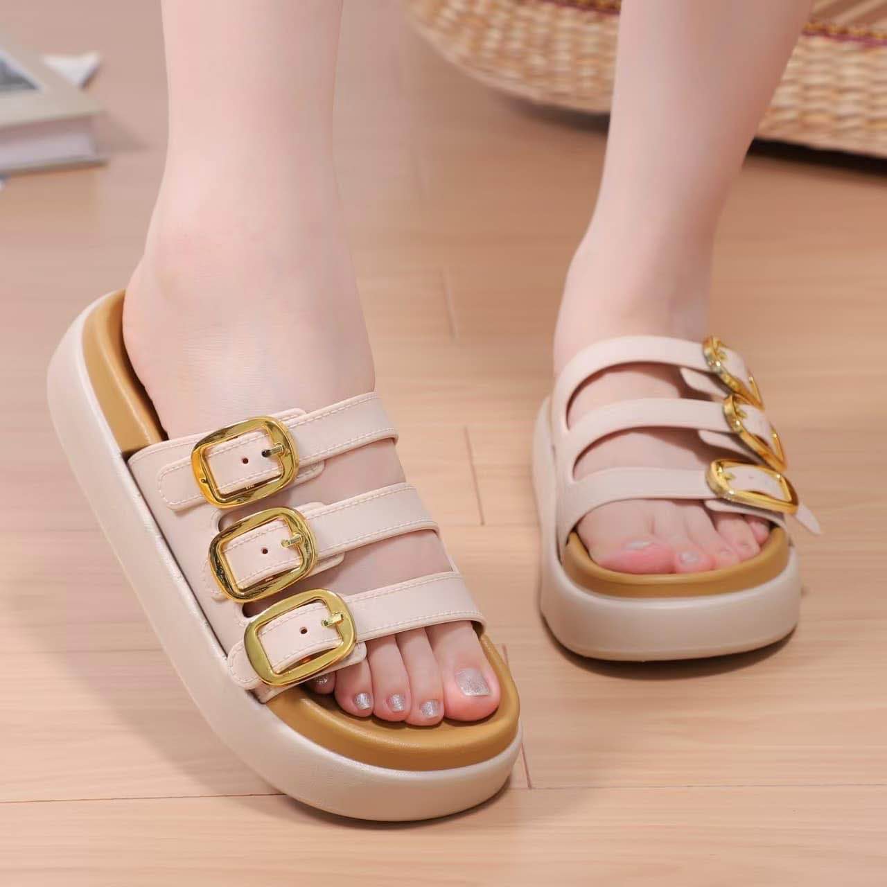 Picture of Women’s Triple Buckle Platform Sandals – Trendy Slip-On Summer Slippers, Comfortable Daily Casual Footwear (Black, Beige, Brown)