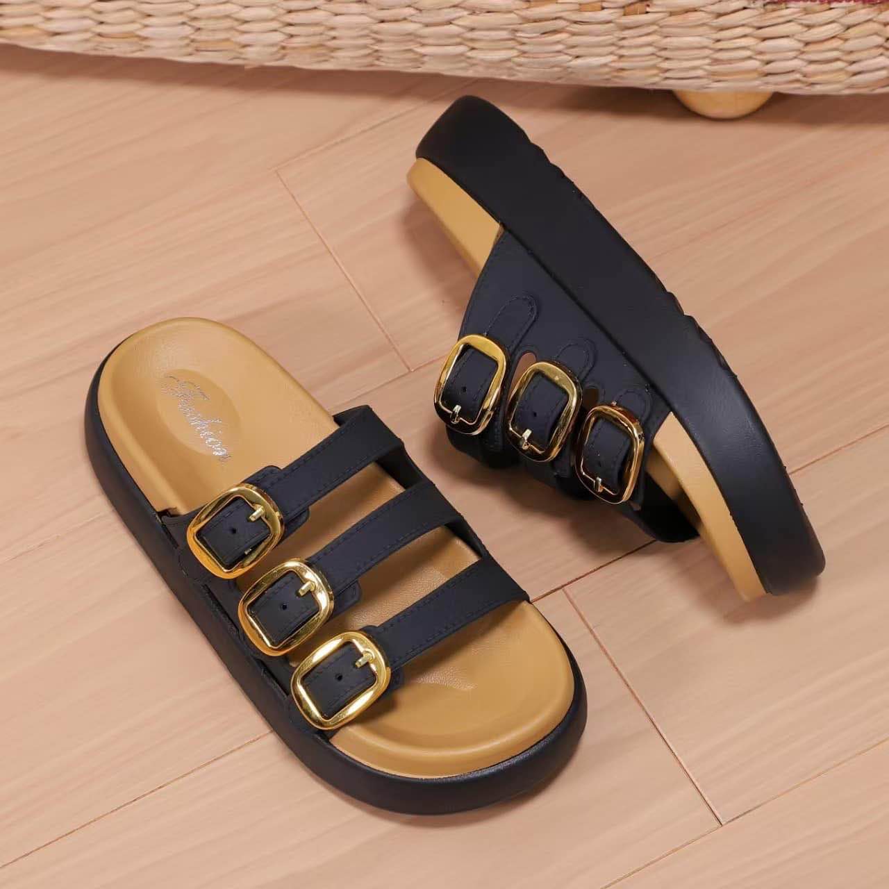 Picture of Women’s Triple Buckle Platform Sandals – Trendy Slip-On Summer Slippers, Comfortable Daily Casual Footwear (Black, Beige, Brown)