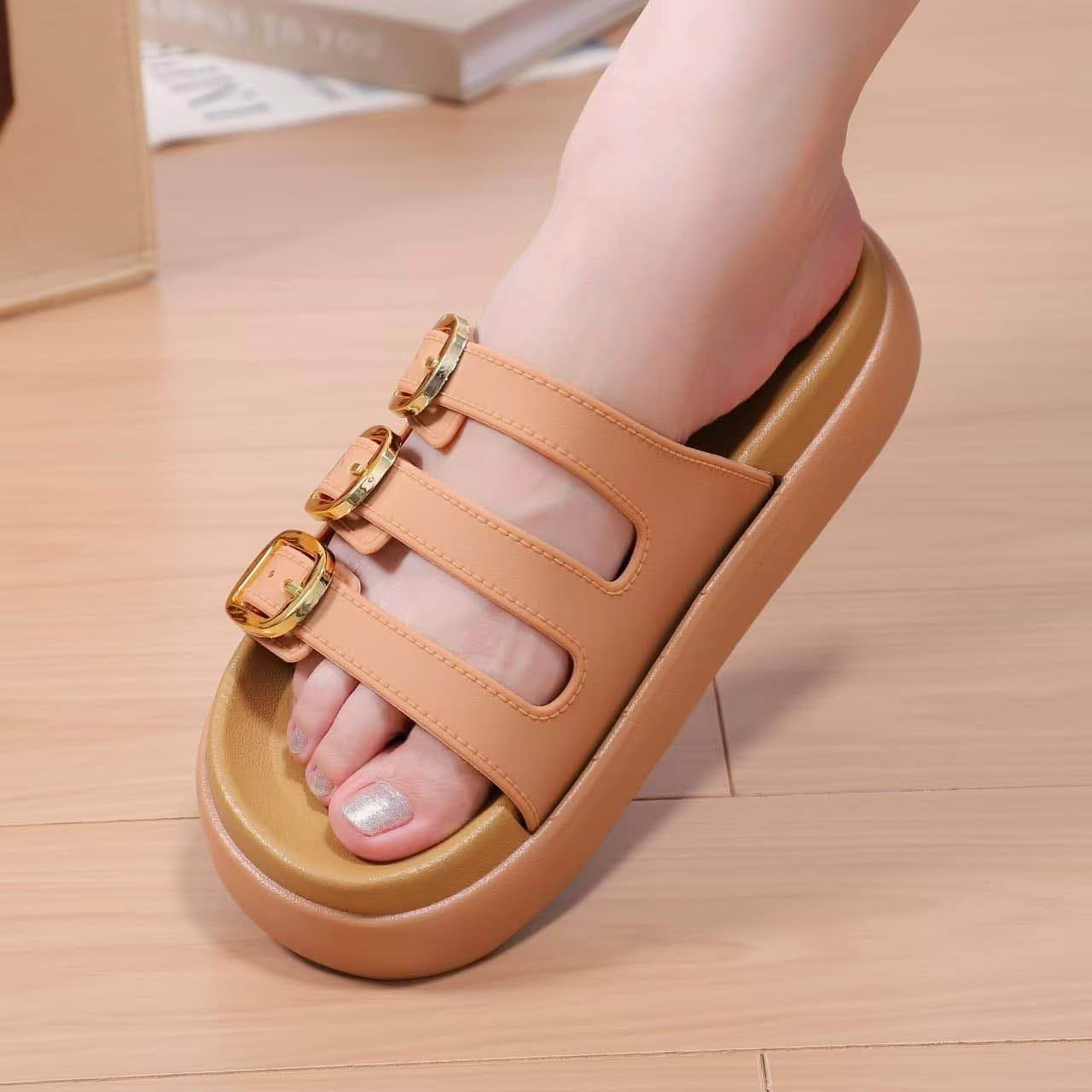Picture of Women’s Triple Buckle Platform Sandals – Trendy Slip-On Summer Slippers, Comfortable Daily Casual Footwear (Black, Beige, Brown)