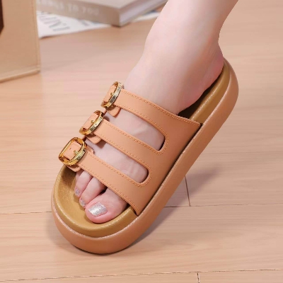 Picture of Women’s Triple Buckle Platform Sandals – Trendy Slip-On Summer Slippers, Comfortable Daily Casual Footwear (Black, Beige, Brown)