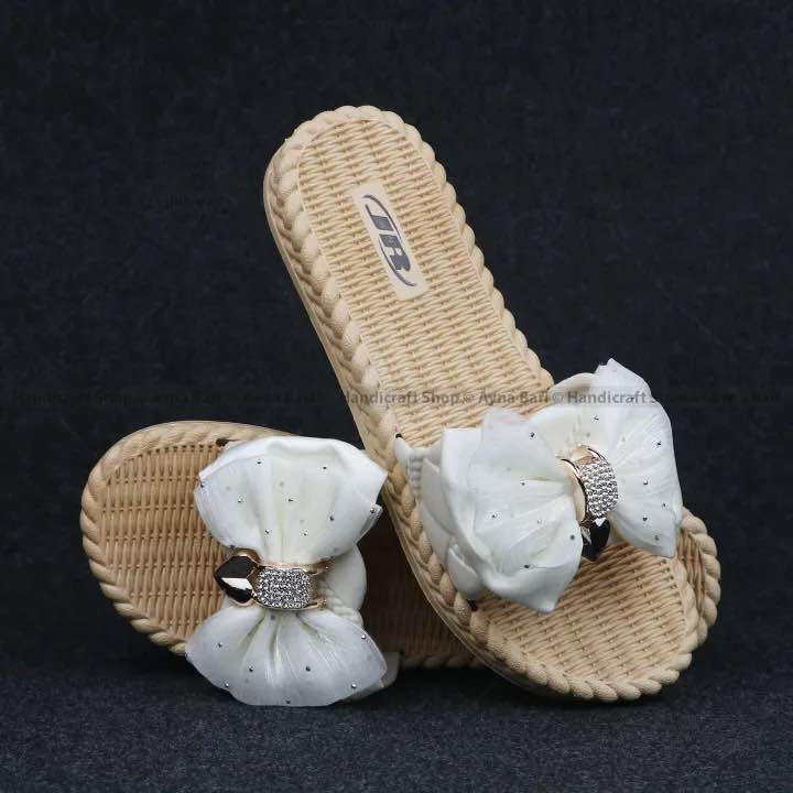 Picture of Women's Fashion Slide Sandal (Slipper) - Elegant Bow Design Flat Footwear with Crystal Stone Work - Casual for Girls