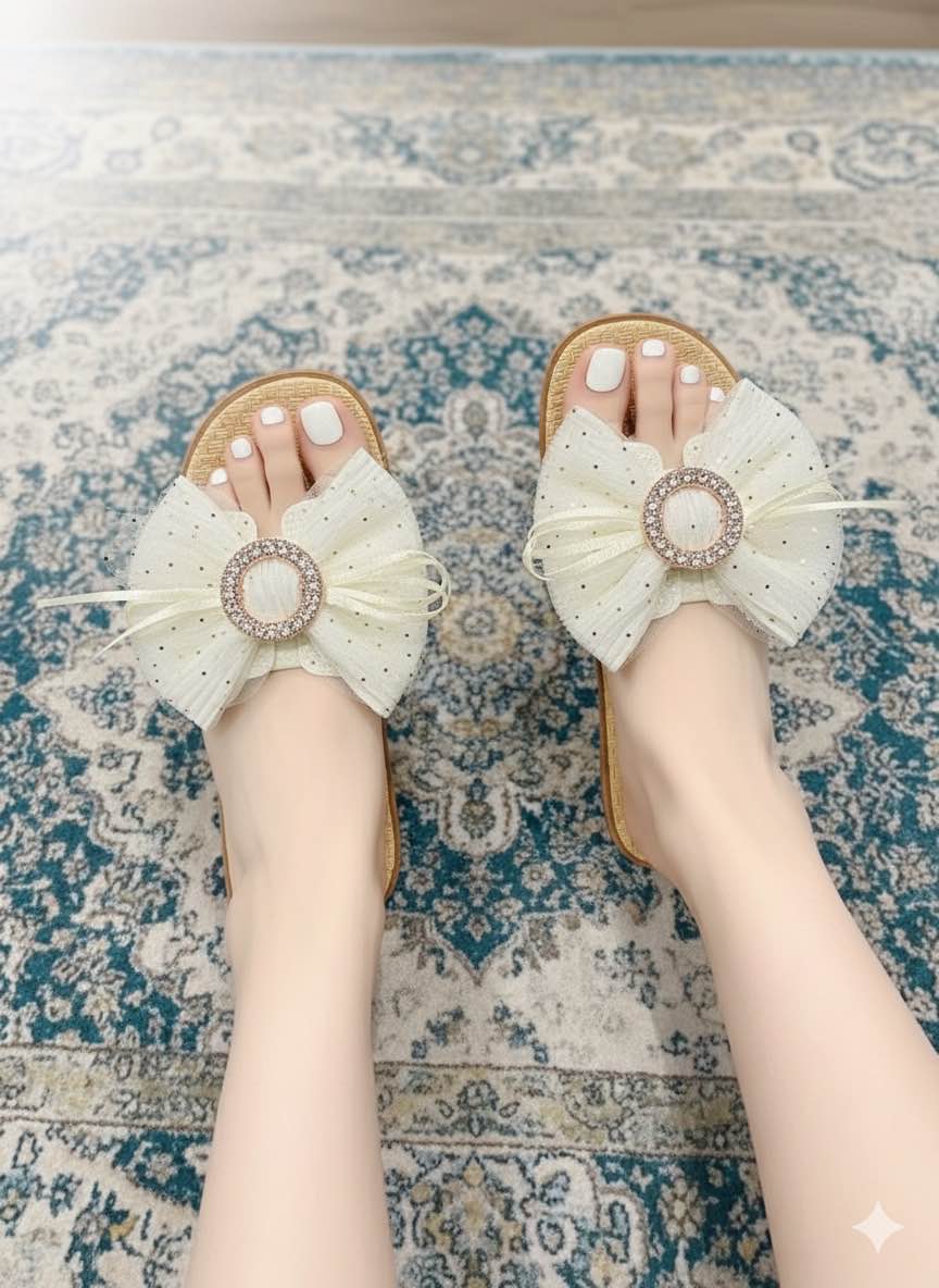 Picture of Trendy Women's Fashion Slipper with Bow & Rhinestone Embellishment - Stylish Flat Sandal for Girls - Comfortable House Slipper - Summer Casual Footwear