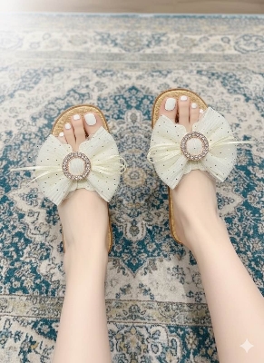 Picture of Trendy Women's Fashion Slipper with Bow & Rhinestone Embellishment - Stylish Flat Sandal for Girls - Comfortable House Slipper - Summer Casual Footwear