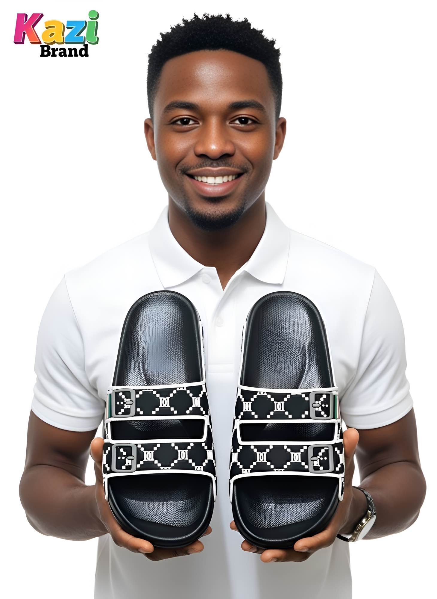 Picture of Kazi Brand Men’s Double Strap Premium Comfort Slider Sandal – Black | Trendy Lightweight Casual Slipper for Daily Wear