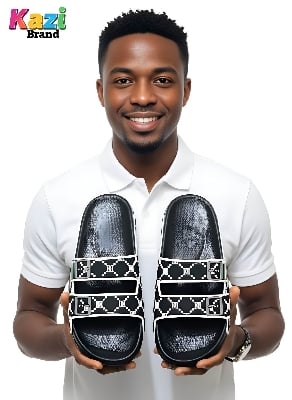 Picture of Kazi Brand Men’s Double Strap Premium Comfort Slider Sandal – Black | Trendy Lightweight Casual Slipper for Daily Wear