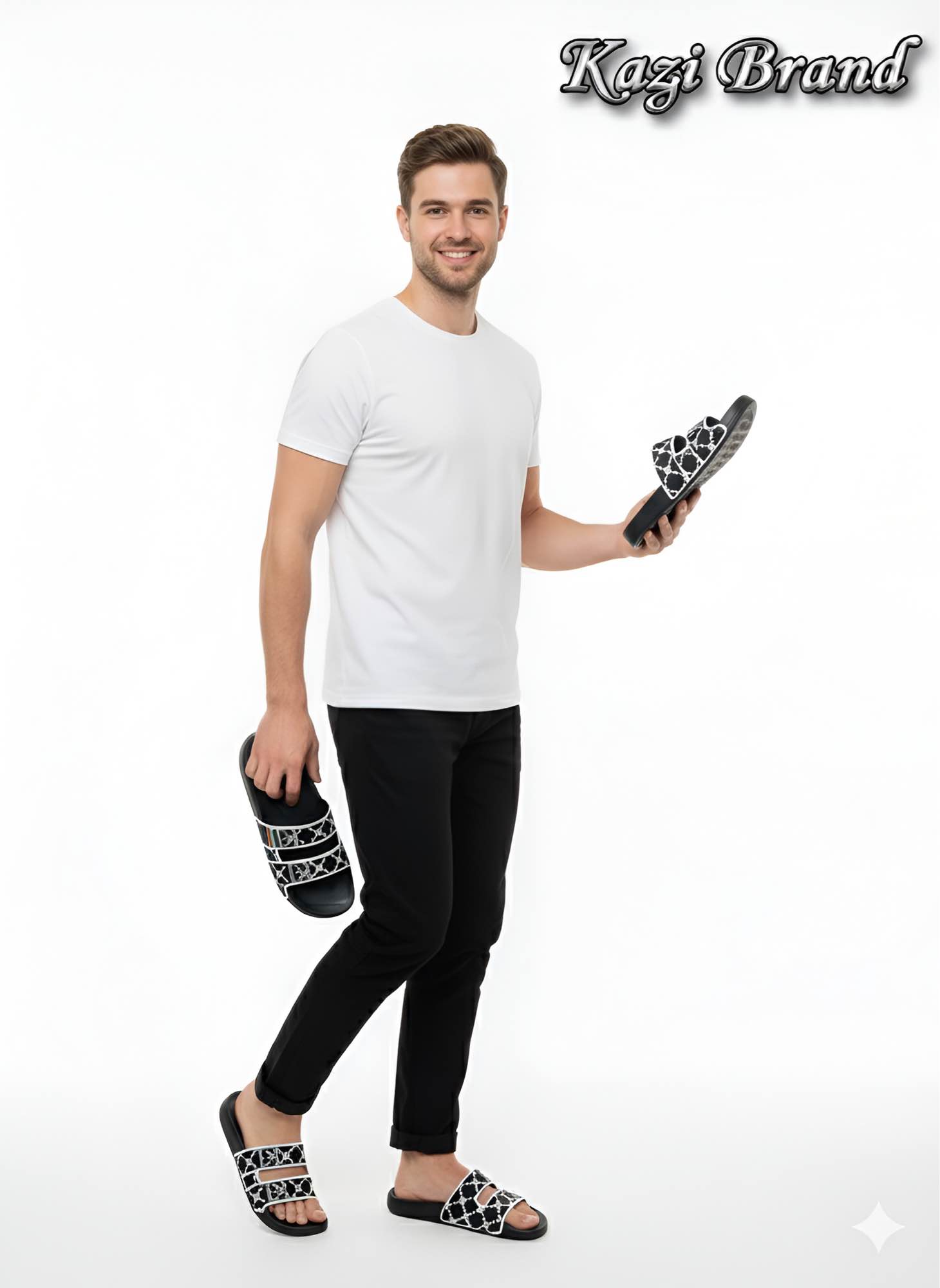 Picture of Kazi Brand Men’s Double Strap Premium Comfort Slider Sandal – Black | Trendy Lightweight Casual Slipper for Daily Wear