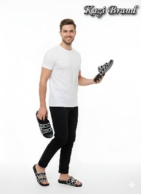 Picture of Kazi Brand New Stylish Fashion Double Strap Slider Slipper Sandal for Men/Women | Black & White Comfort Casual Choti Juta