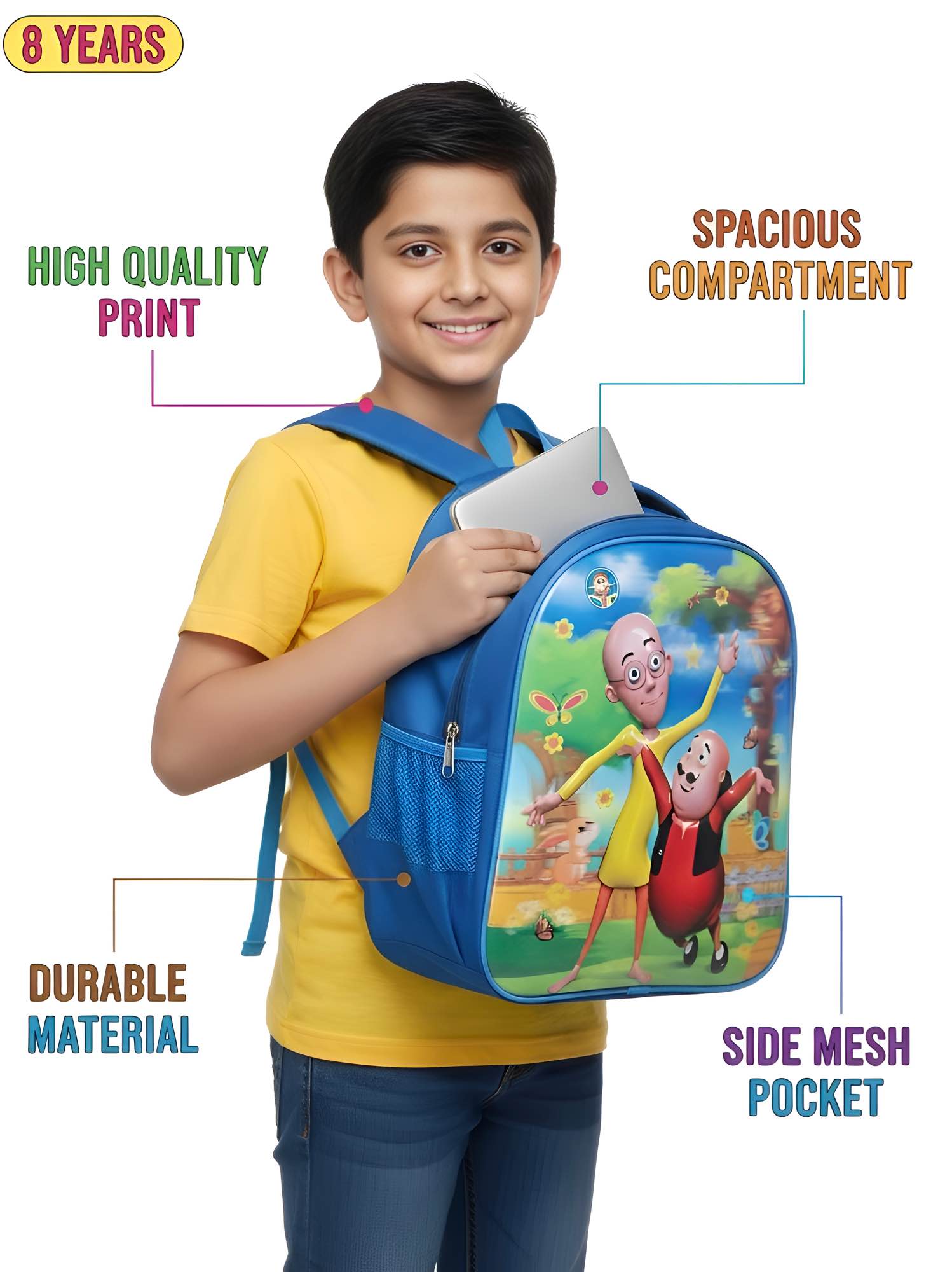 Picture of Motu Patlu Kids Backpack - Premium Quality School Bag for 8-Year-Old Boys & Girls - Durable, Spacious with Laptop Compartment - Kazi Brand